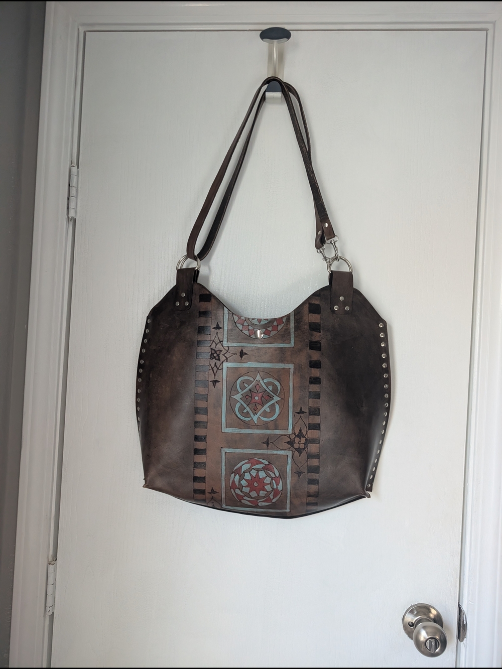 Women’s Brown Printed Shoulder Bag with Stud Accents